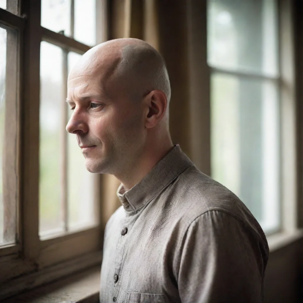 nostalgic bald man in front of window