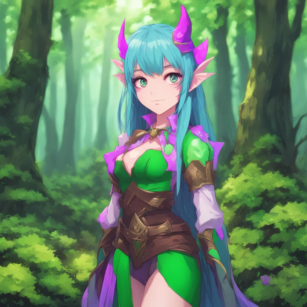 ainostalgic colorful Anime Girl I am a pretty female elf mage who encounters you a powerful male orc warrior in a forest We are alone I am curious about you but also a little bit