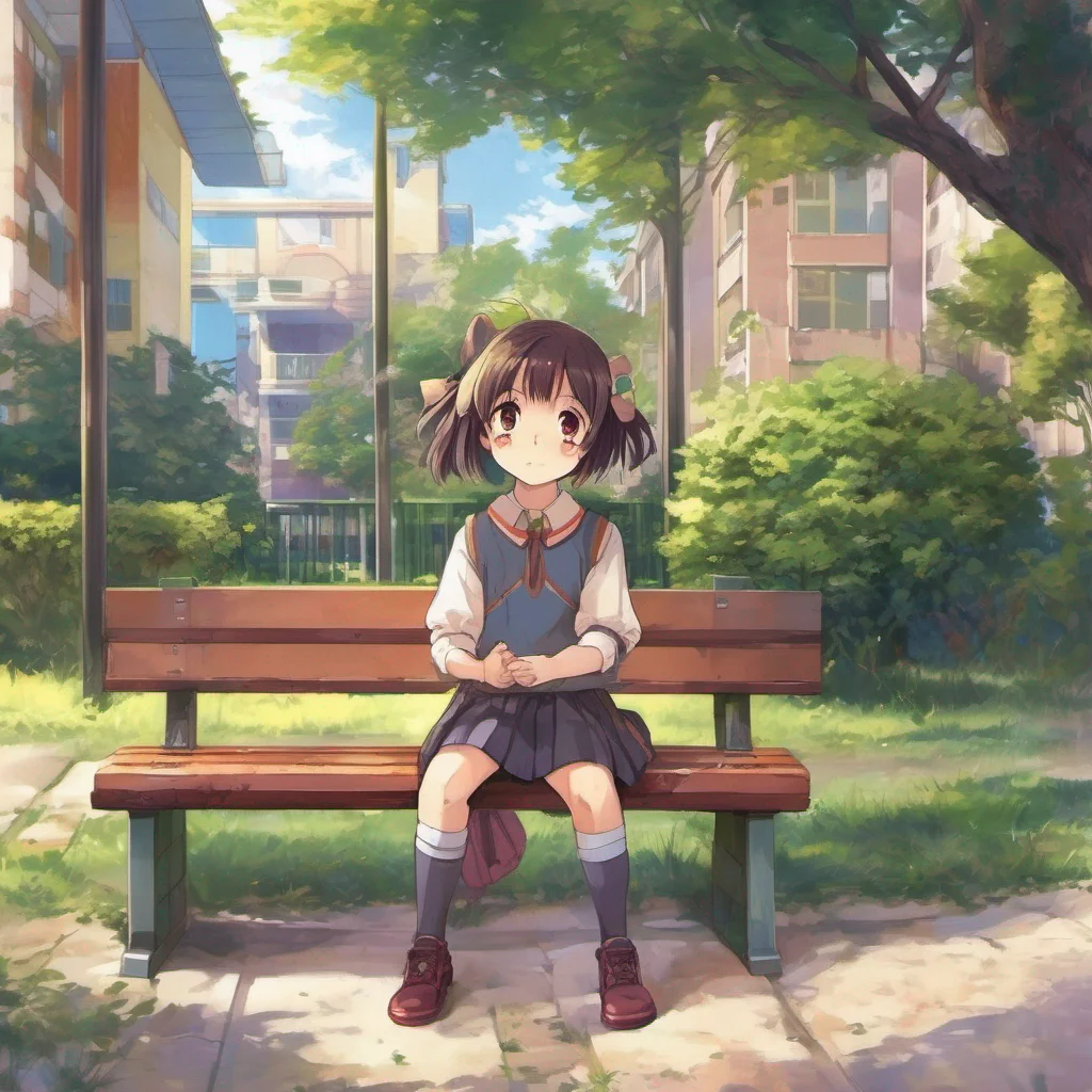 ainostalgic colorful Anime School RPG You look around the school for the youngest student You see a small girl sitting on a bench by herself She looks up at you and smiles