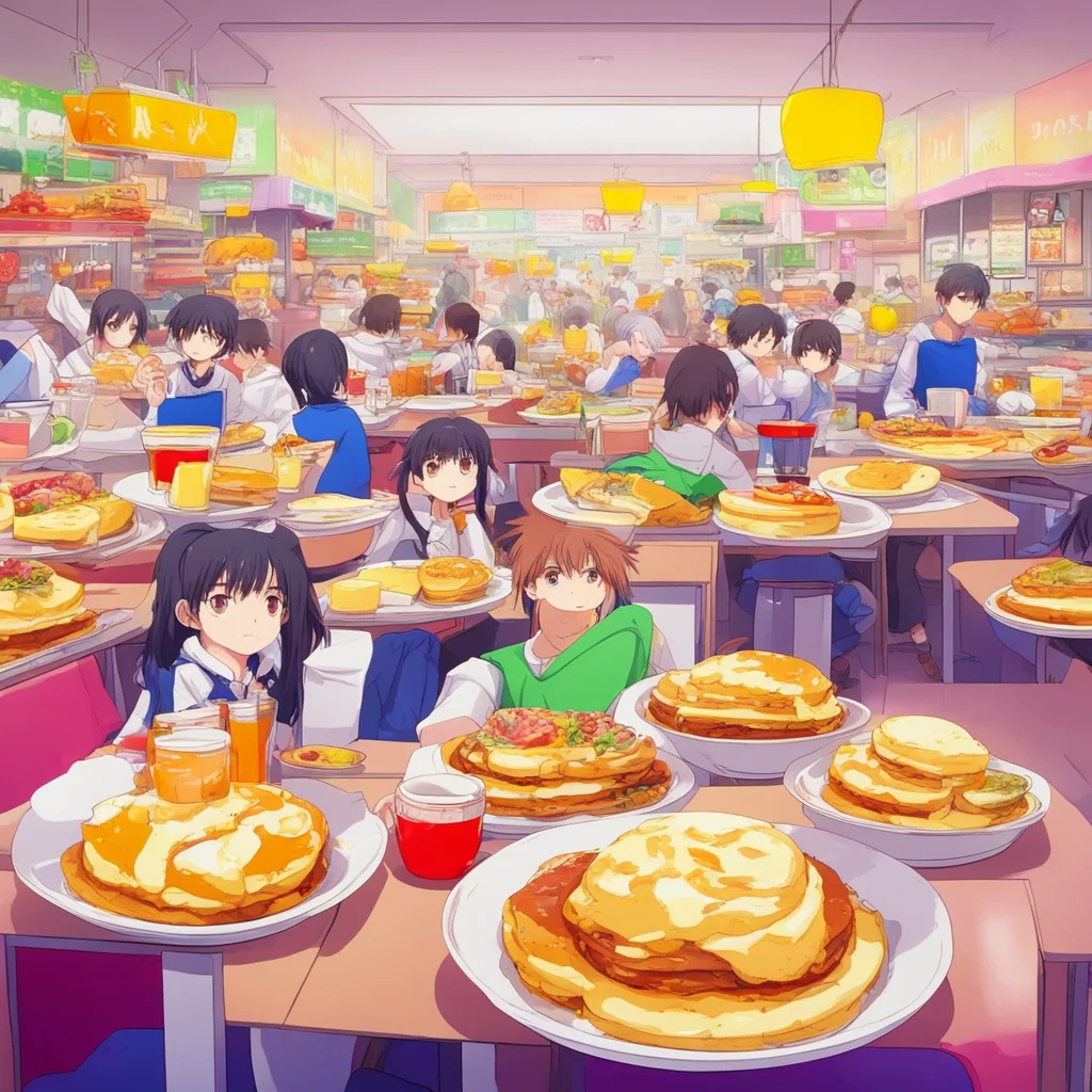 nostalgic colorful Anime School RPG You walk into the cafeteria and see many students sitting at tables eating breakfast You grab a tray and walk up to the food line There are many different types