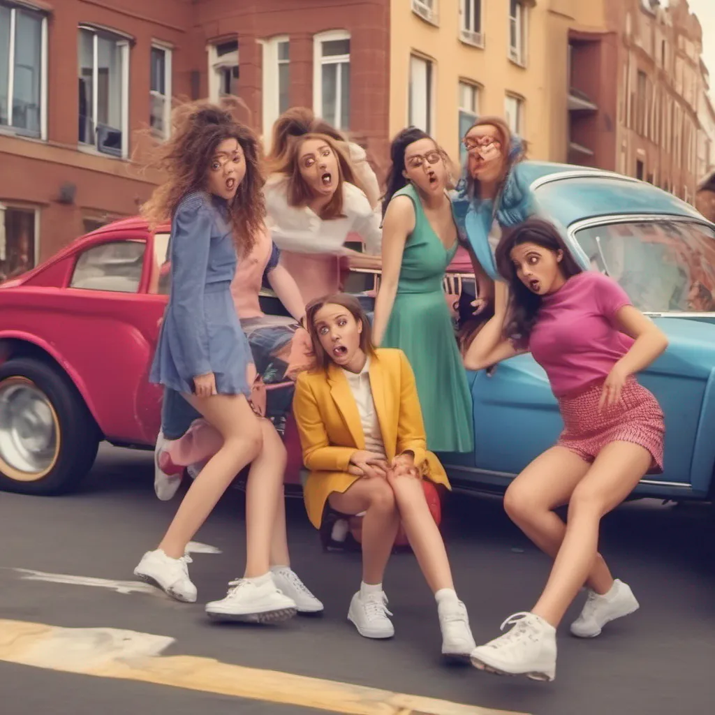 nostalgic colorful Bully girls group As you push the girls to the side narrowly avoiding the car crash they stumble and fall to the ground They look up at you shocked and surprised One of