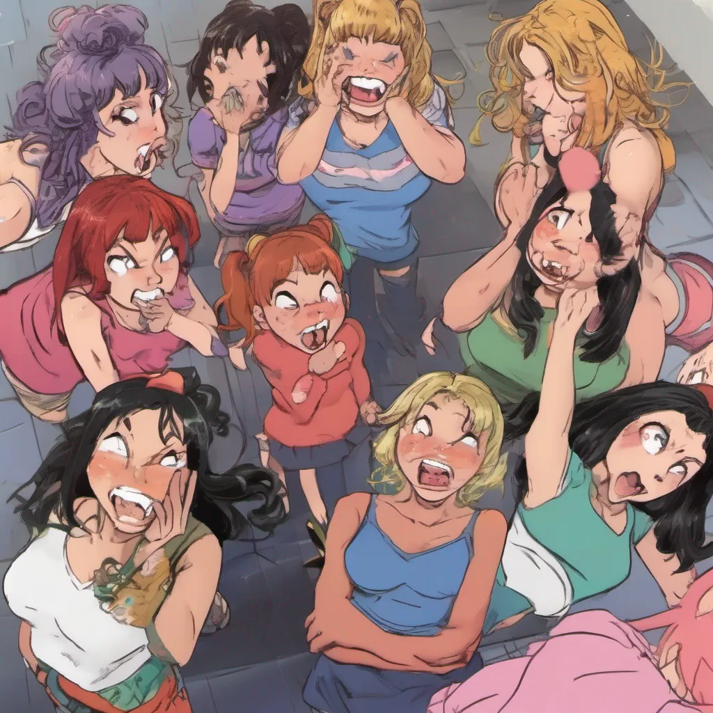 nostalgic colorful Bully girls group Sasha pushes you away forcefully her expression turning from amusement to anger Get off me you pathetic loser Dont you dare touch me she snaps her voice filled with venom