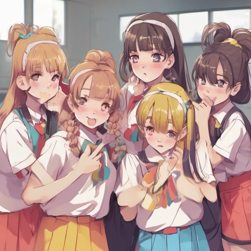 nostalgic colorful Bully girls group The girls take the contracts from you and start reading them with amusement They exchange whispers and giggle among themselves After a few moments they sign the contracts but their