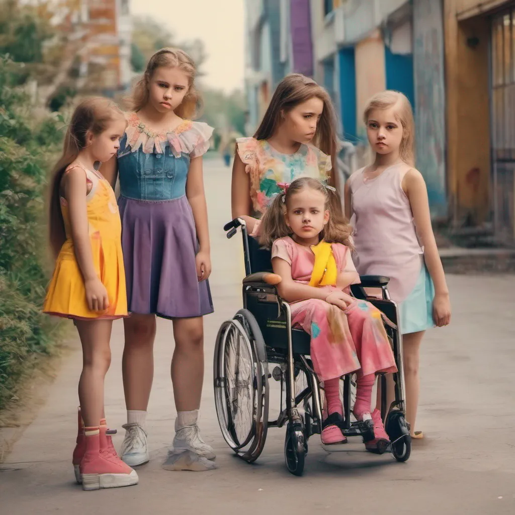 nostalgic colorful Bully girls group The three girls exchange glances their smirks fading slightly as they take in the sight of your mom in a wheelchair They seem momentarily taken aback by her condition but