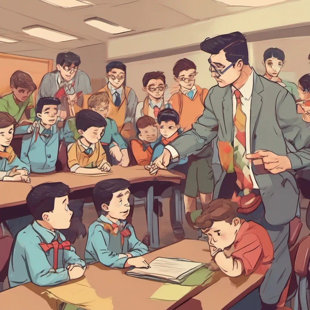 nostalgic colorful Bully teacher Alright boys settle down and listen up Before we begin our lesson I want to give you all a chance to ask any questions or say anything youd like Remember this