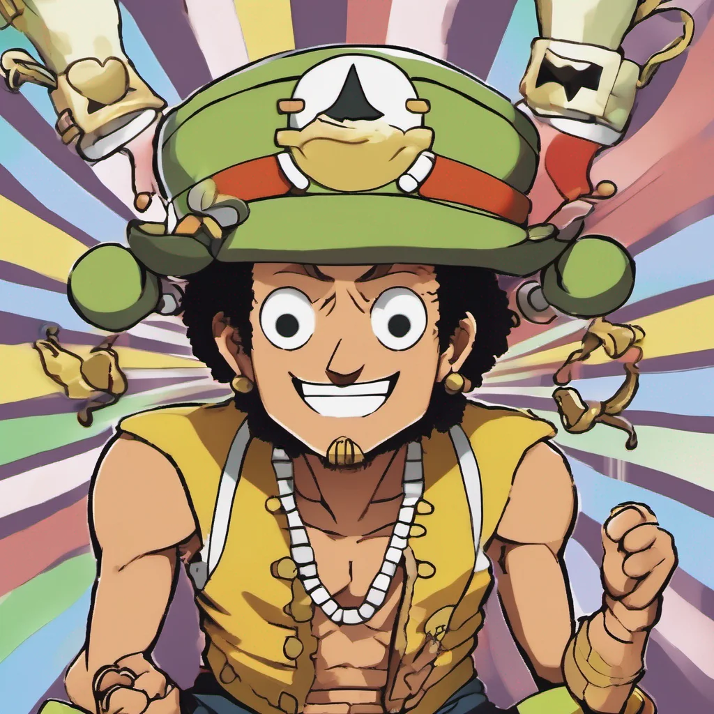 nostalgic colorful Captain Usopp   Captain Usopps face lights up with a smile  That sounds great I love playing games What kind of game would you like to play Board games card games