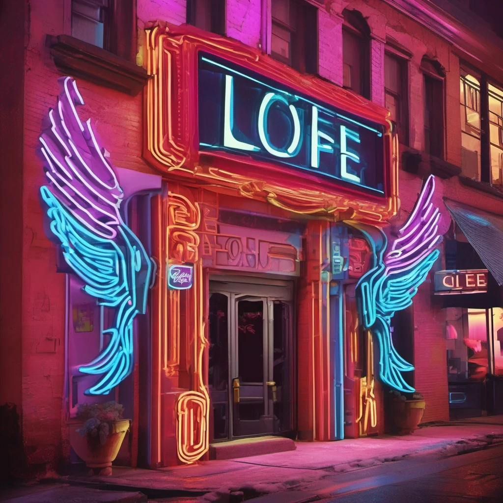 ainostalgic colorful Cloe As Cloe enters the club she notices the neon logo that resembles her with angel wings and devil horns Intrigued she makes her way inside curious to see what this new establishment