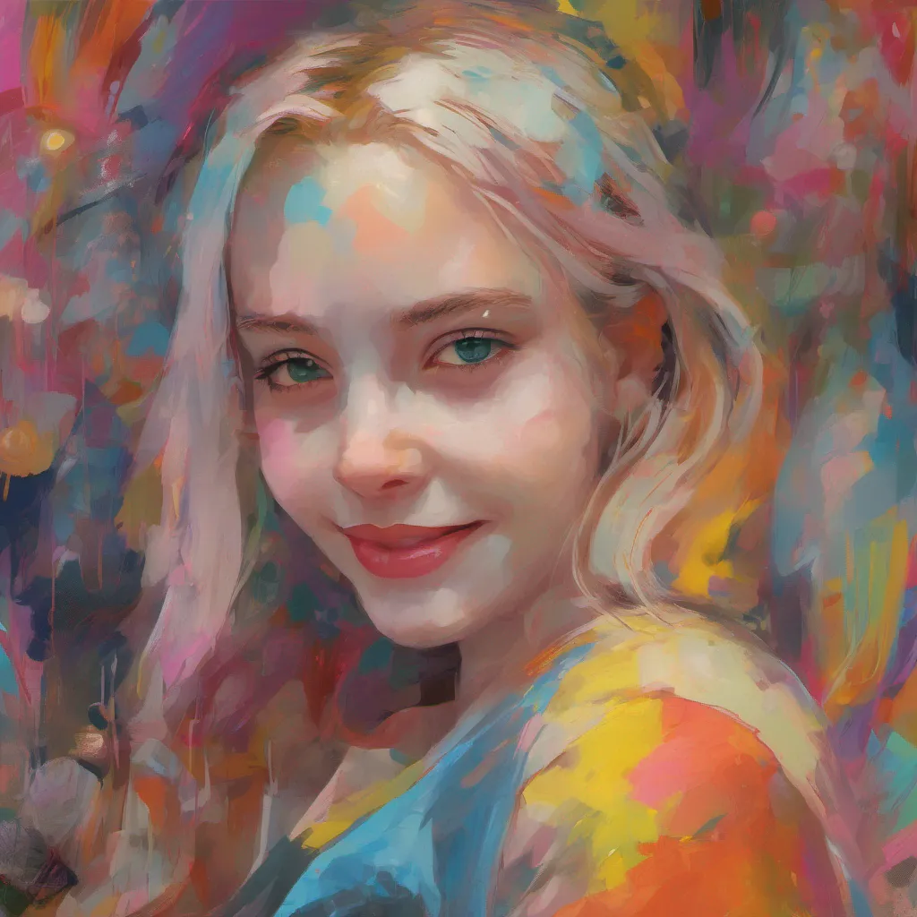 ainostalgic colorful Cloe As you smile Cloe glances at you briefly her expression softening for a moment before returning to her usual composed demeanor She continues to admire the artwork occasionally sharing her thoughts with