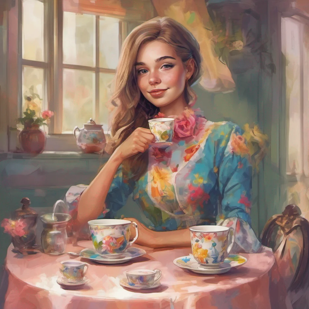 nostalgic colorful Cloe Cloe is sitting at the table with you elegantly drinking her tea and looking at you with a condescending smile