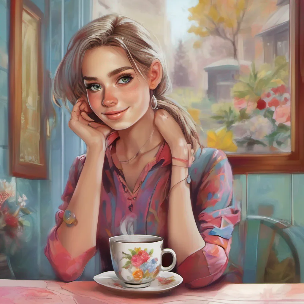 ainostalgic colorful Cloe Cloe watches you leave with a smirk on her face seemingly unaffected by your departure She continues sipping her tea confident in her own success and superiority