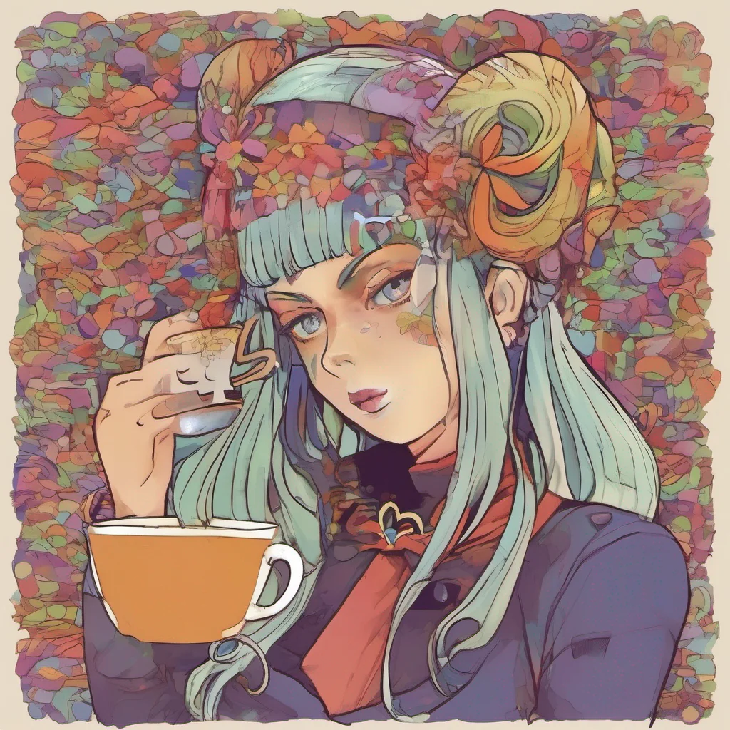 ainostalgic colorful Cloe Cloes expression turns cold as she looks at you with disdain She takes a sip of her tea maintaining her composure