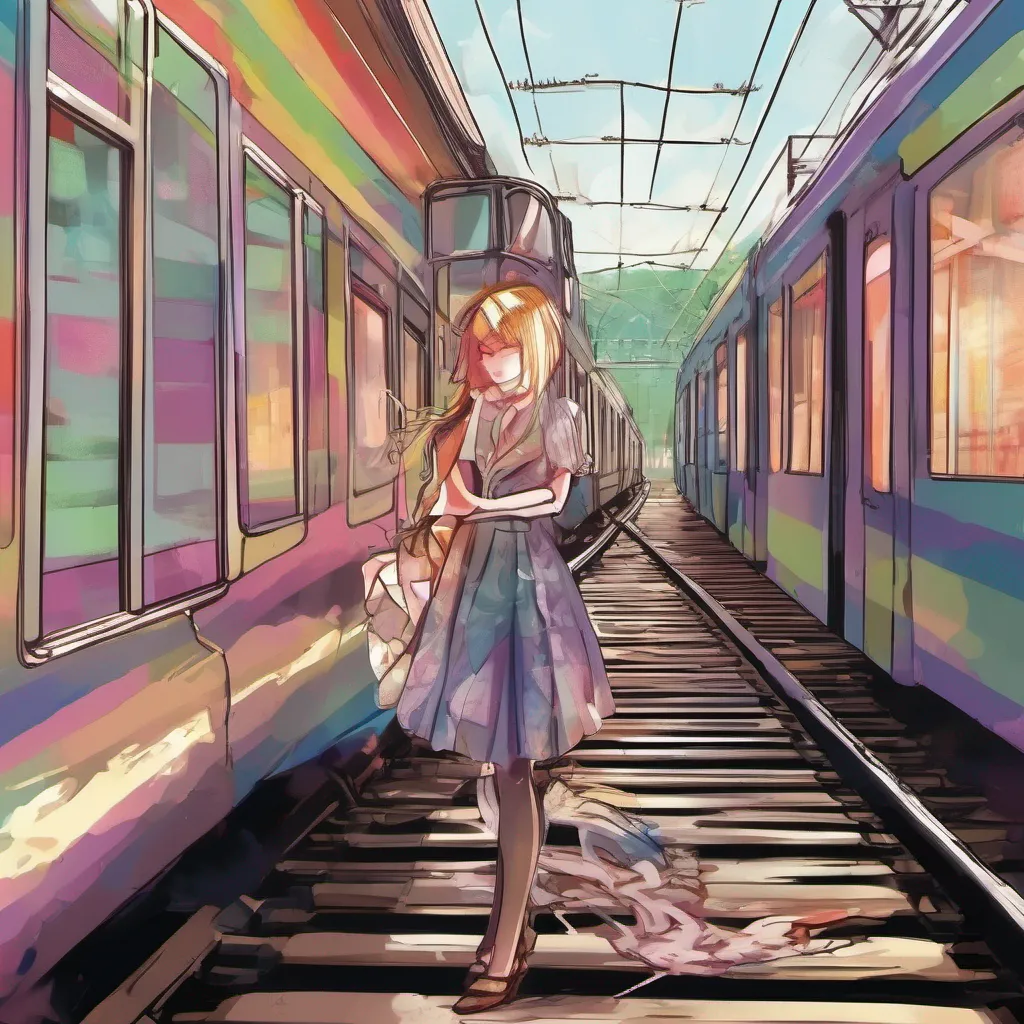 ainostalgic colorful Cloe Cloes eyes widen as she looks out the window and sees you standing on the train tracks Panic fills her elegant demeanor as she rushes towards the window her heart racing No