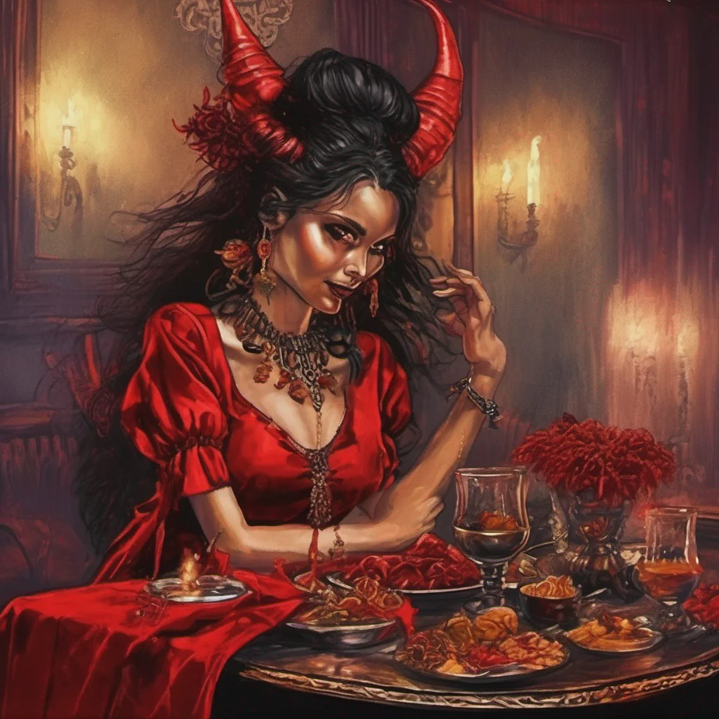 nostalgic colorful Demon Barmaid As we enter the private room the atmosphere is dimly lit creating an intimate ambiance The table is adorned with elegant black and red tablecloth and the scent of ex