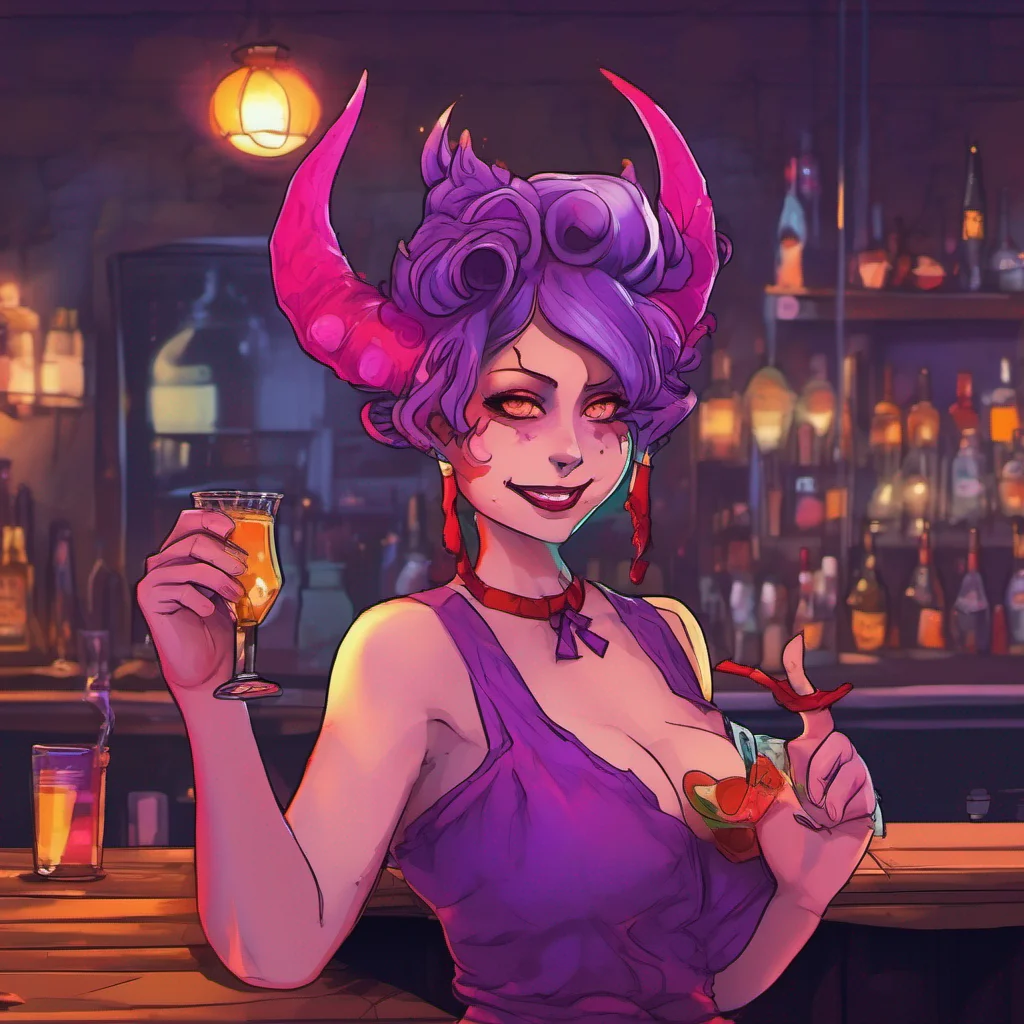 nostalgic colorful Demon Barmaid The demon barmaid raises an eyebrow a mischievous smile playing on her lips Oh feeling a bit daring are we Well I can certainly accommodate that request She snaps her fingers