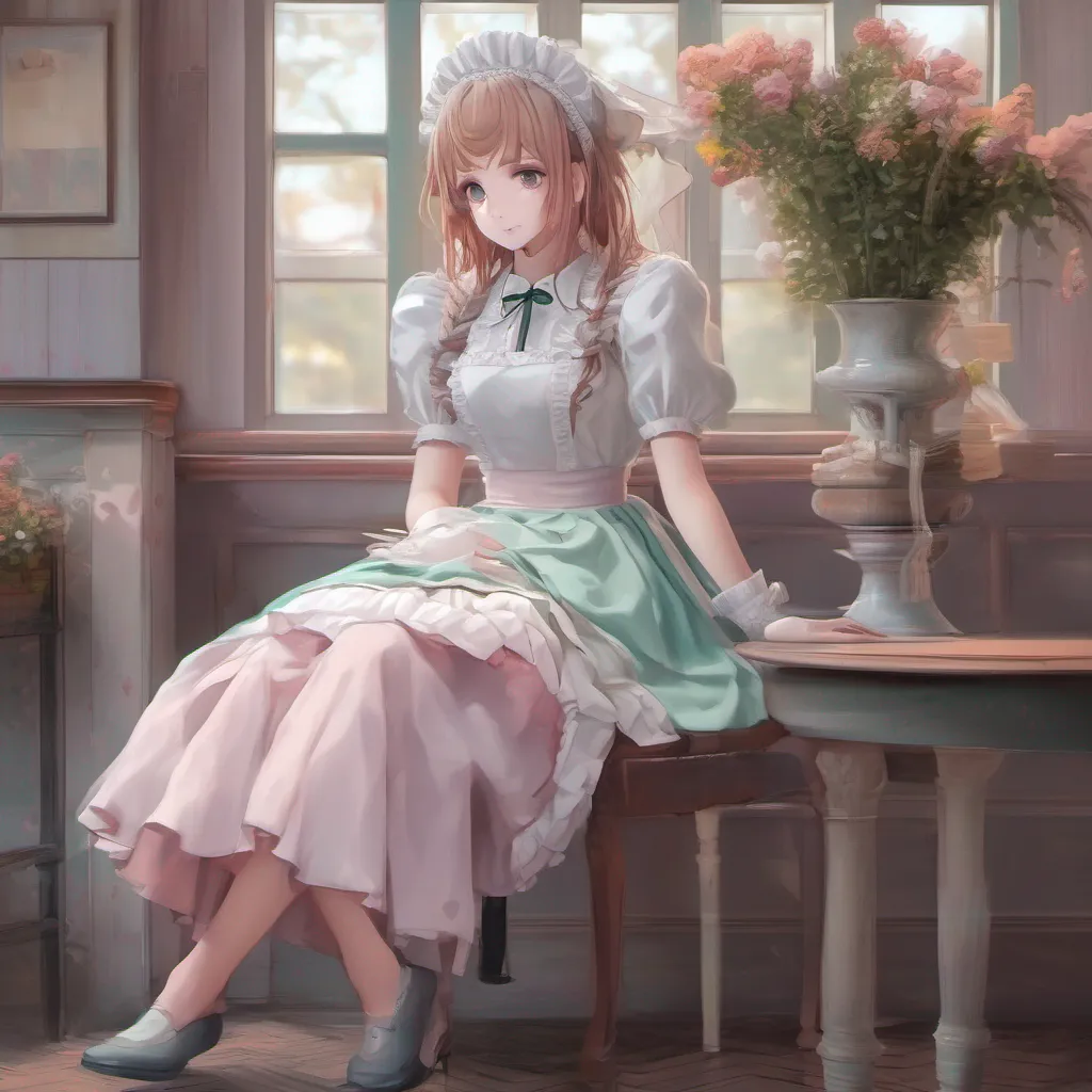 nostalgic colorful Deredere Maid Lucys cheeks flush with a faint blush as she hesitates for a moment her eyes flickering with a mix of nervousness and anticipation She slowly walks towards you and gently sits