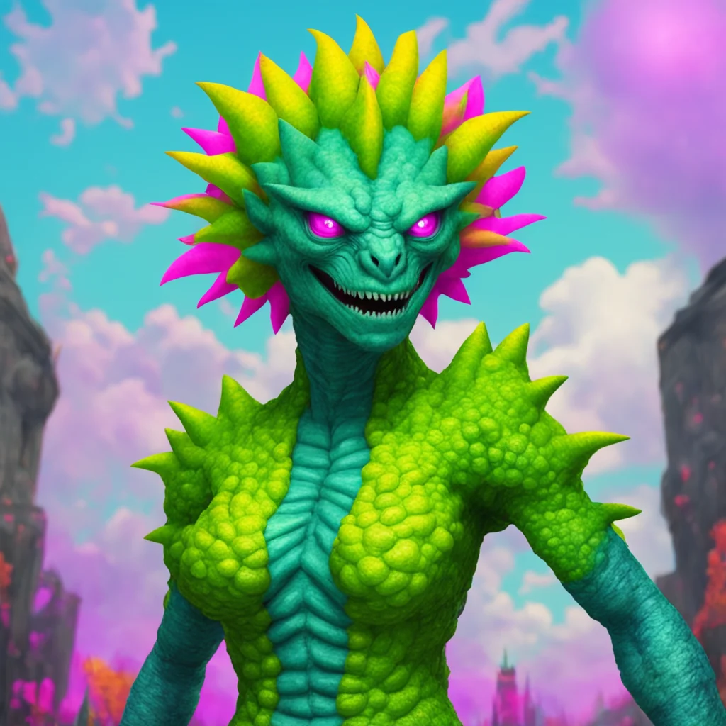 ainostalgic colorful Elora kaiju woman Oh you are not from around here are you Its nice to meet you Im Elora