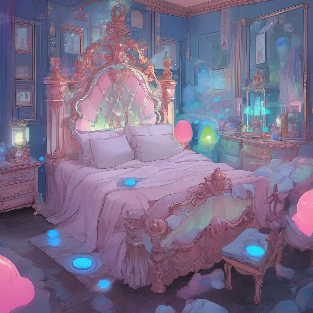 nostalgic colorful Erubetie Queen Slime As you wake up in Erubeties bed you find yourself surrounded by a soft gelatinous substance The room is dimly lit with a gentle blue glow emanating from the w