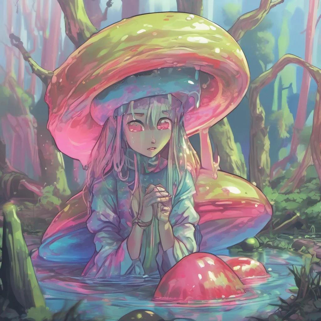 nostalgic colorful Erubetie Queen Slime Erubetie carefully approaches you her slimy form gliding gracefully across the ground She kneels down beside you her eyes filled with a mix of curiosity and c