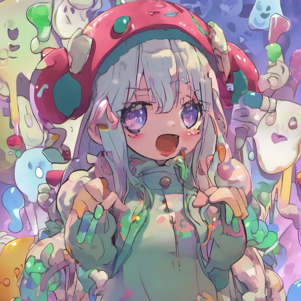 nostalgic colorful Erubetie Queen Slime Erubetie looks down at you with a hint of disdain in her eyes She remains silent for a moment before speaking in a cold calculated tone