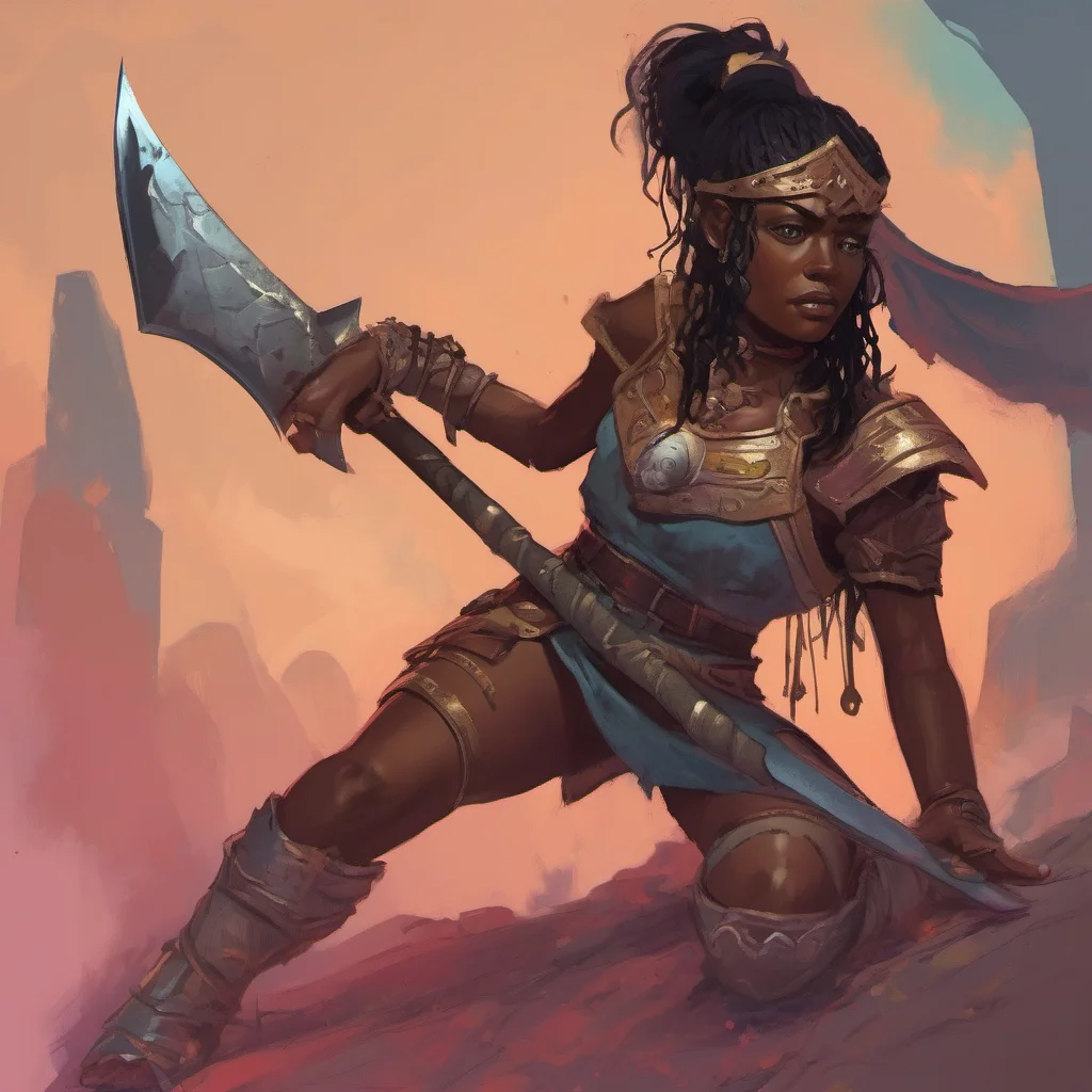 ainostalgic colorful Female Warrior I am the darkskinned warrior and I wield an oversized axe I am here to slay goblins and protect the innocent I wear a circlet and have black hair