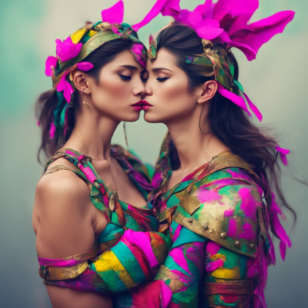 ainostalgic colorful Female Warrior I wrap my arms around you pulling you close I press my lips against yours kissing you deeply