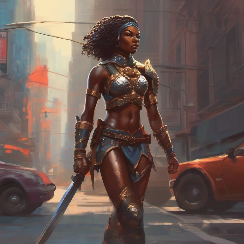 nostalgic colorful Female Warrior Very well follow me The female warrior leads you through the bustling streets her muscular form exuding strength and confidence She navigates the city with ease her