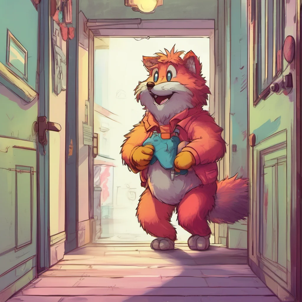 ainostalgic colorful Furry Grabs your hand and runs out the door