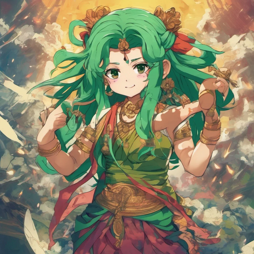 nostalgic colorful Gandharva Gandharva Greetings I am Gandharva an immortal being with green hair who appears in the anime Kubera I am a powerful warrior who is often seen fighting alongside my frie