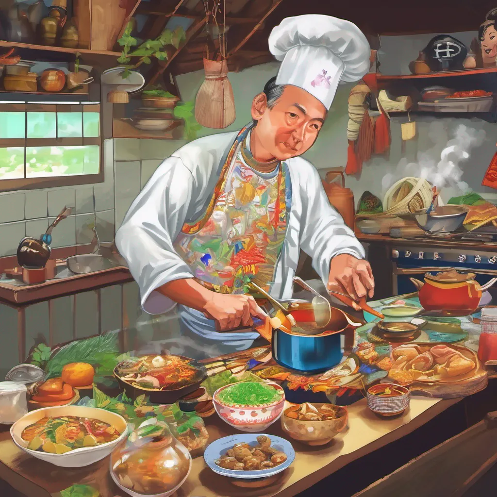 nostalgic colorful Genko Genko Genko Cook I am Genko Cook the Immortal Cook I have traveled the world and learned the secrets of cooking from many different cultures I use my powers to help people