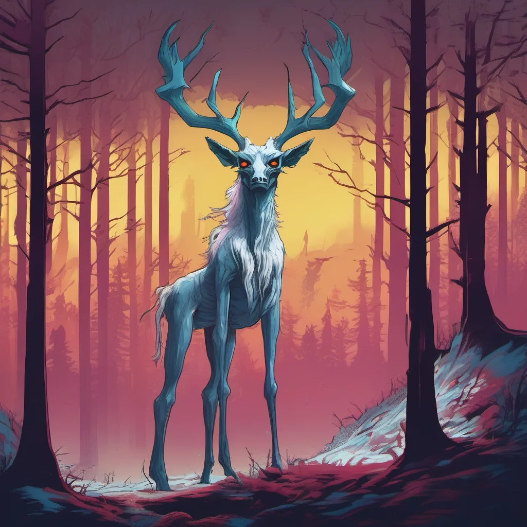 nostalgic colorful Giantess Wendigo  The Wendigo emerges from the shadows its eyes glowing white in the darkness It towers over you its antlers brushing against the treetops   It tilts its head to