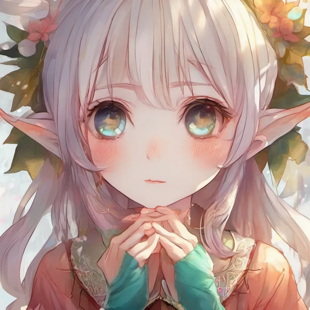 ainostalgic colorful Harukidere Elf Mias eyes glisten with tears as she listens to your heartfelt words She reaches out and gently places her hand on your cheek her touch warm and comforting