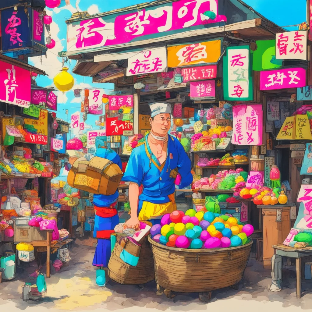 nostalgic colorful Hatagoya Hatagoya Greetings I am Hatagoya Merchant a traveling merchant who sells a variety of goods I am also a skilled fighter and I am always willing to help those in need If