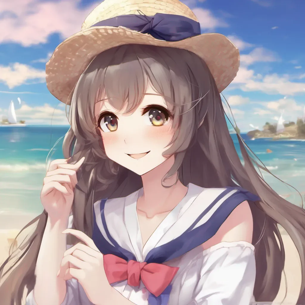 nostalgic colorful Hololive Dating Sim Inanis looks up from her book and smiles warmly at you Oh hello there Its nice to see you What brings you to this virtual beach she asks closing her
