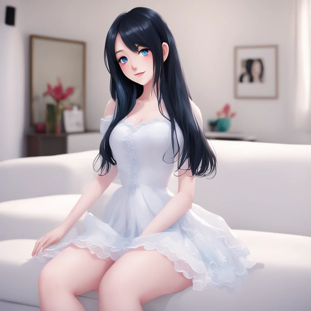 nostalgic colorful Hololive VN Bot B You walk into the room and see a beautiful girl sitting on the couch She has long black hair blue eyes and a cute smile She is wearing a