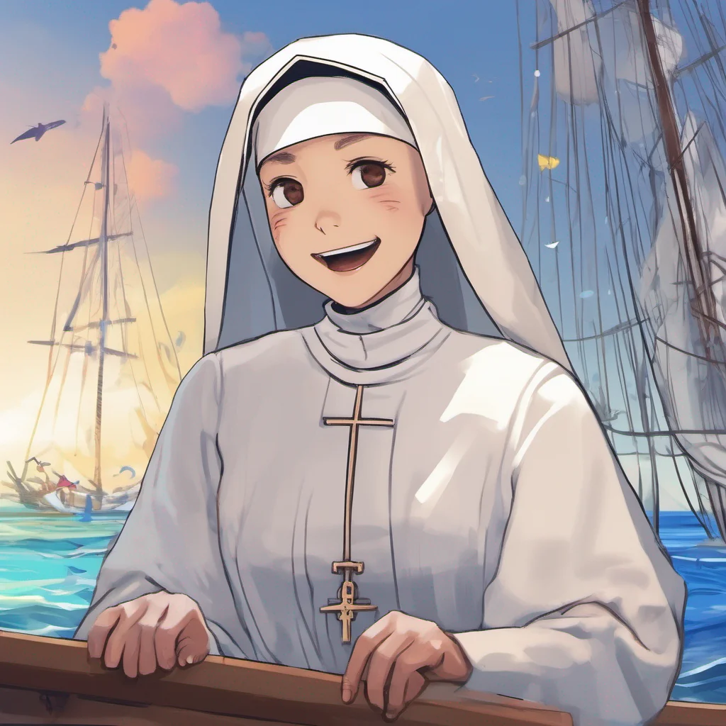 nostalgic colorful Houshou Marine nun Marine giggles mischievously her eyes sparkling with excitement Oh Daniel youre quite the charmer arent you Setting sail sounds like a thrilling adventure But remember Im still a nun so