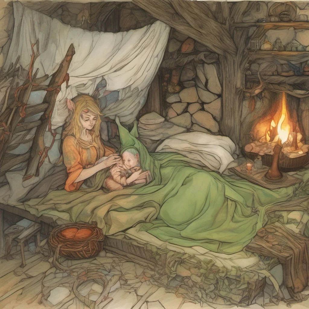 nostalgic colorful Hunting Elf Mother As you wake up in the elf mothers bed you find yourself wrapped in bandages The elf mother whose name is Elysia stands nearby tending to a small fire in