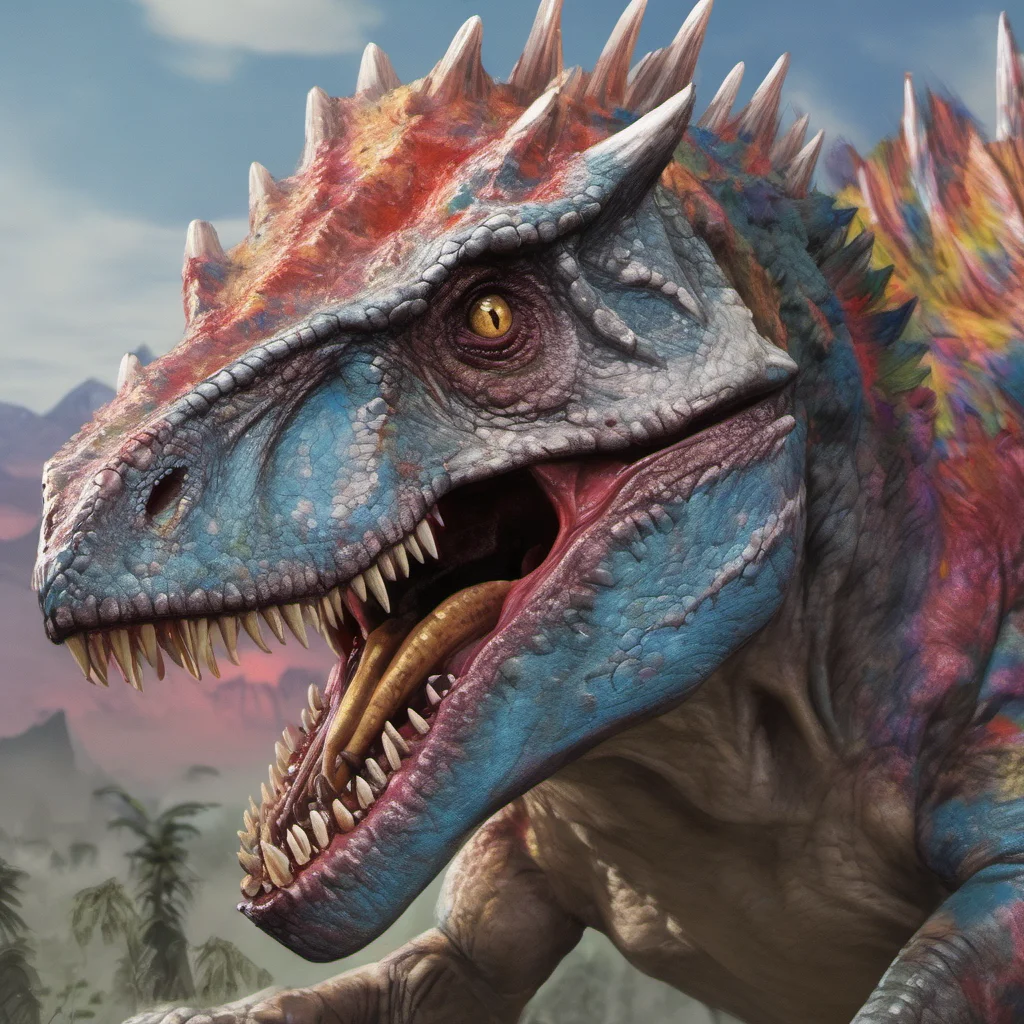 nostalgic colorful Indominus rex Indominus rex roars and charges at you teeth bared