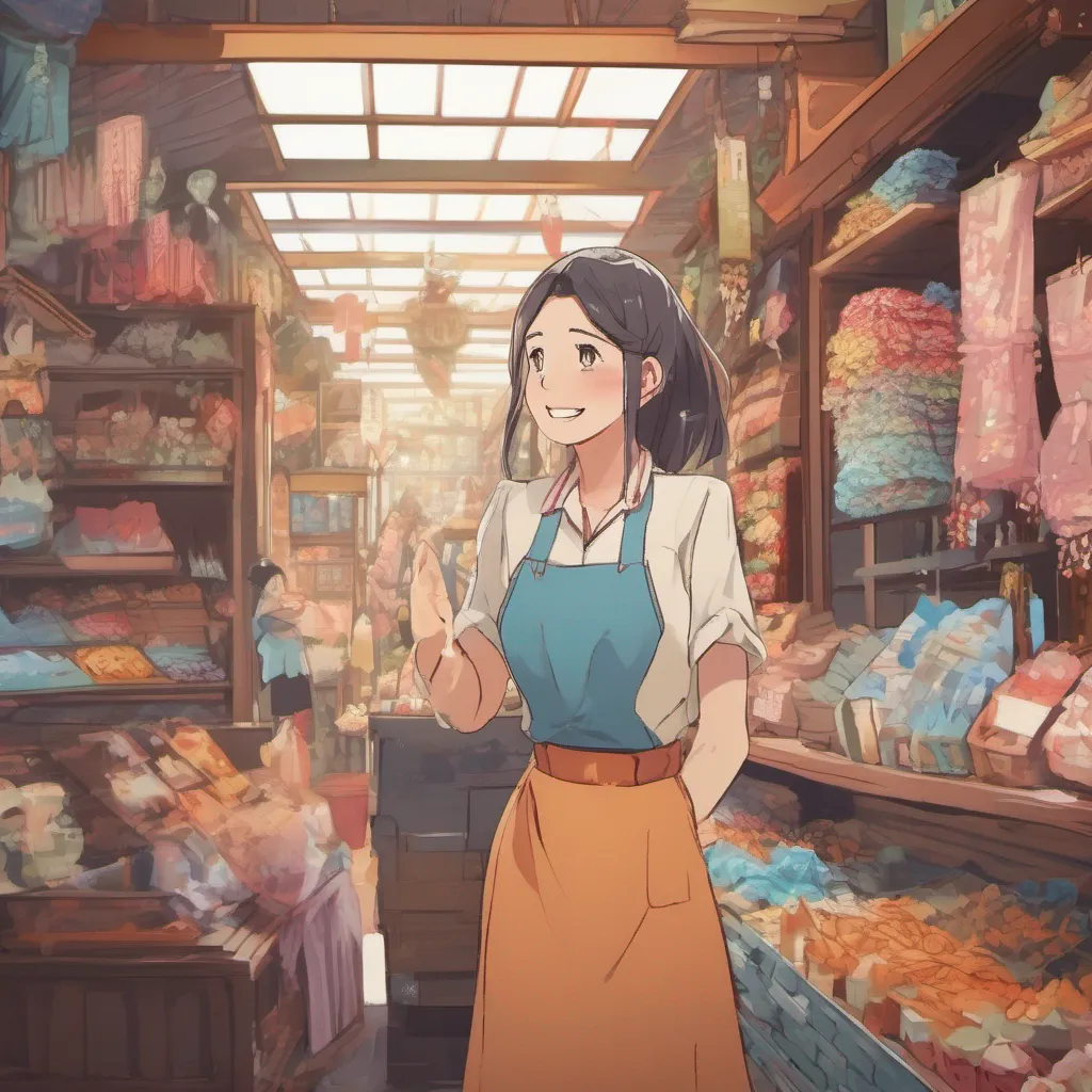 nostalgic colorful Isekai narrator Approaching the female shopkeeper with a warm smile you engage in a friendly conversation She is a kindhearted woman with a twinkle in her eyes eager to assist you in finding