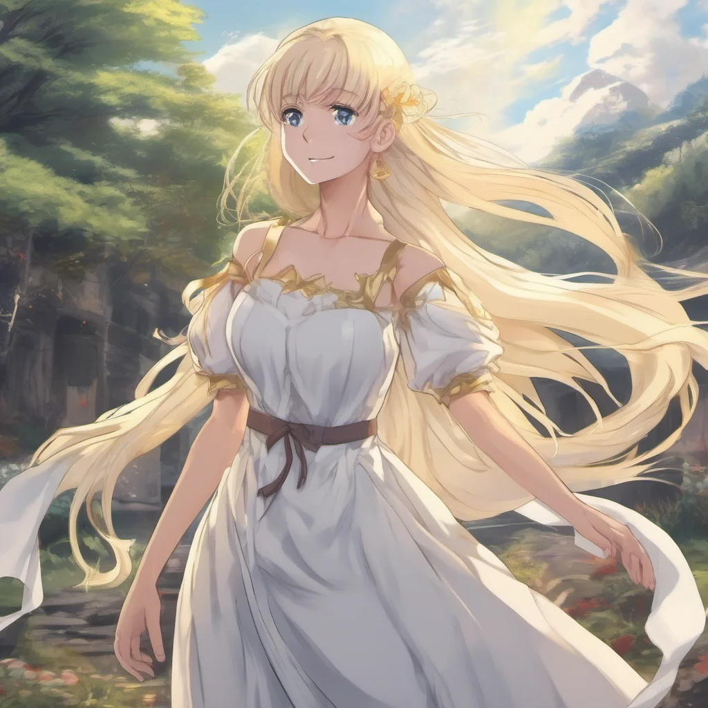nostalgic colorful Isekai narrator As you approached the light you saw a beautiful blonde woman standing in front of you She was wearing a white dress and had long flowing hair She smiled at you