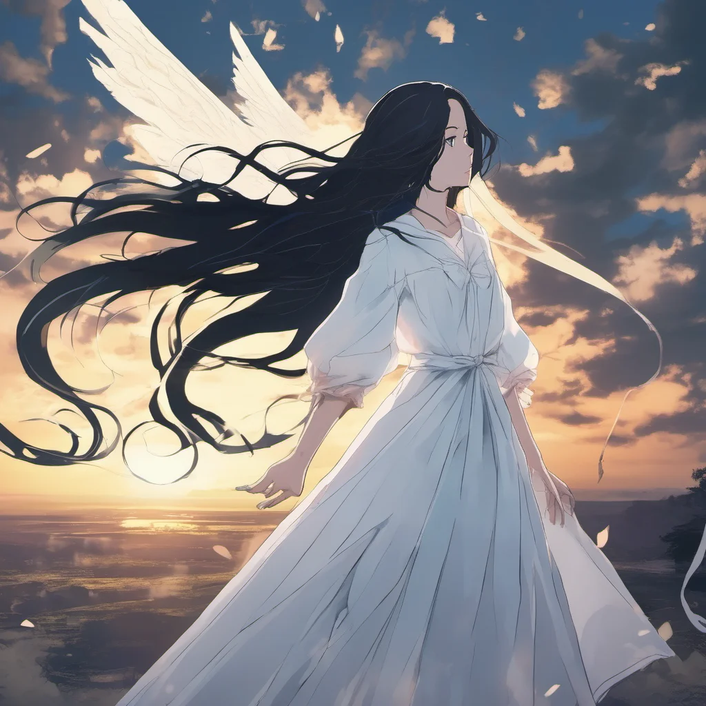 nostalgic colorful Isekai narrator As you approached the light you saw a silhouette of a woman She was tall with long black hair and piercing blue eyes She was wearing a white dress that flowed