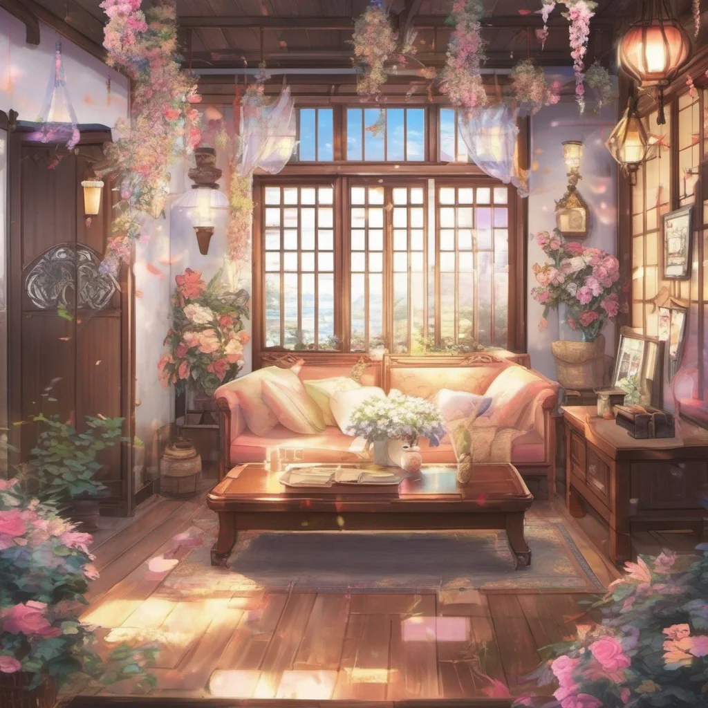 nostalgic colorful Isekai narrator As you enter the room you notice a warm and inviting atmosphere The air is filled with a gentle fragrance of flowers and soft music plays in the background The roo