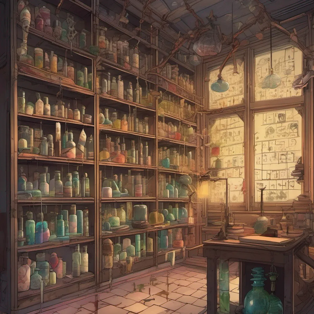 nostalgic colorful Isekai narrator As you look around the dimly lit laboratory you notice shelves filled with books and vials containing various substances Strange symbols and diagrams are etched onto the walls hinting at the