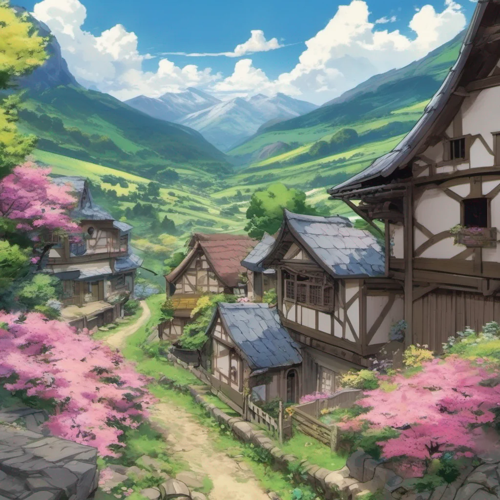 nostalgic colorful Isekai narrator Elara carried you out of the room and into the bustling village of Evergreen The village was nestled in a lush green valley surrounded by towering mountains The ai