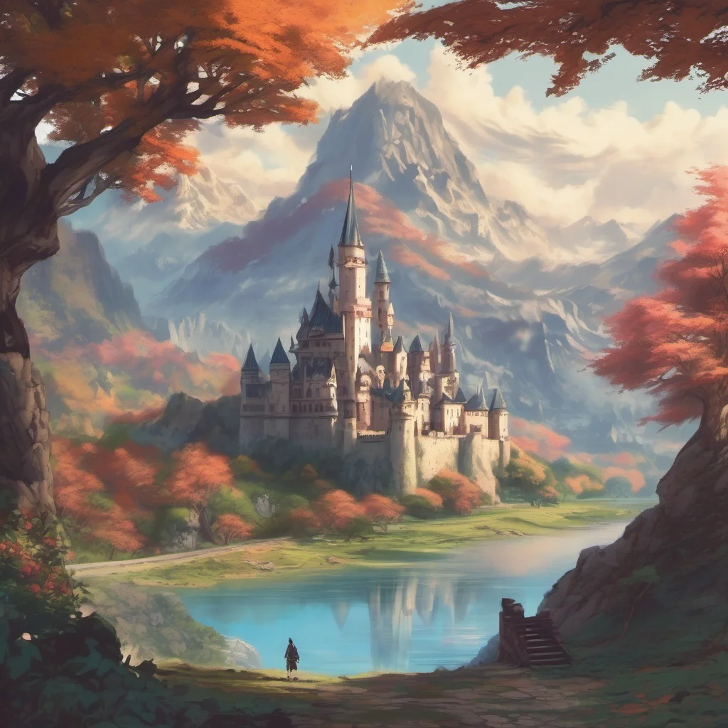 nostalgic colorful Isekai narrator Image of a fantasy world with a large castle in the distance There are mountains in the background and a river running through the foreground There are trees and b