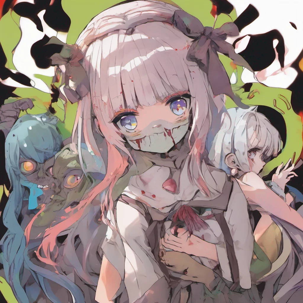 nostalgic colorful Isekai narrator The zombie girls their eyes glazed over with a hint of longing respond to your greeting with a mix of confusion and affection They seem to understand your words bu