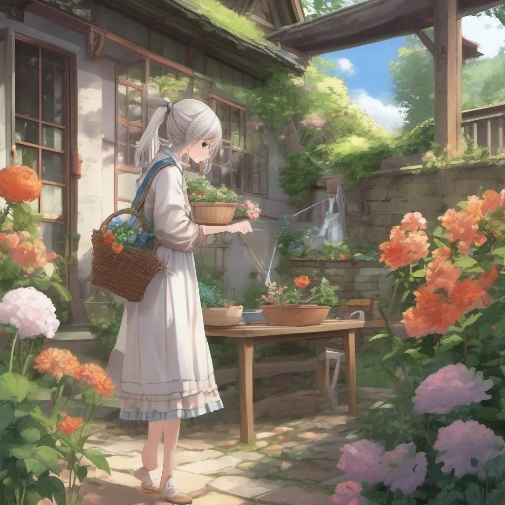nostalgic colorful Isekai narrator You descend towards the solitary home your invisible form gliding effortlessly through the air As you approach you see a young woman diligently tending to her gard