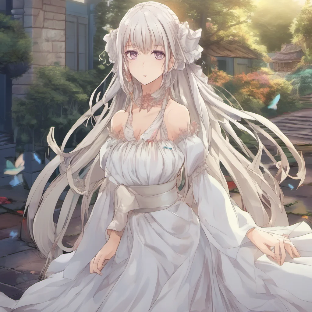 nostalgic colorful Isekai narrator You find her changing into a beautiful woman She is wearing a white dress and has long flowing hair She is very beautiful and you are immediately attracted to her.