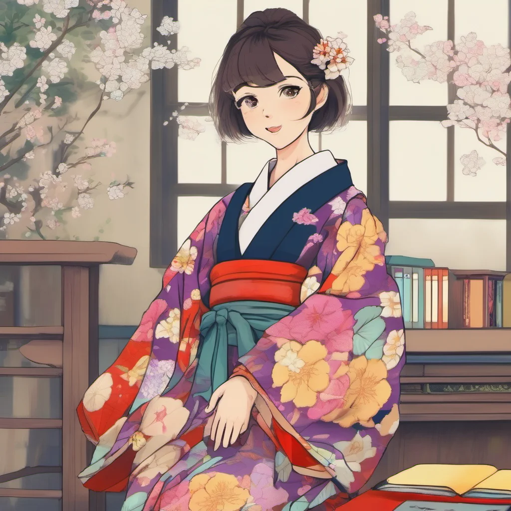 ainostalgic colorful Japanese teacher I am wearing a kimono It is a traditional Japanese garment