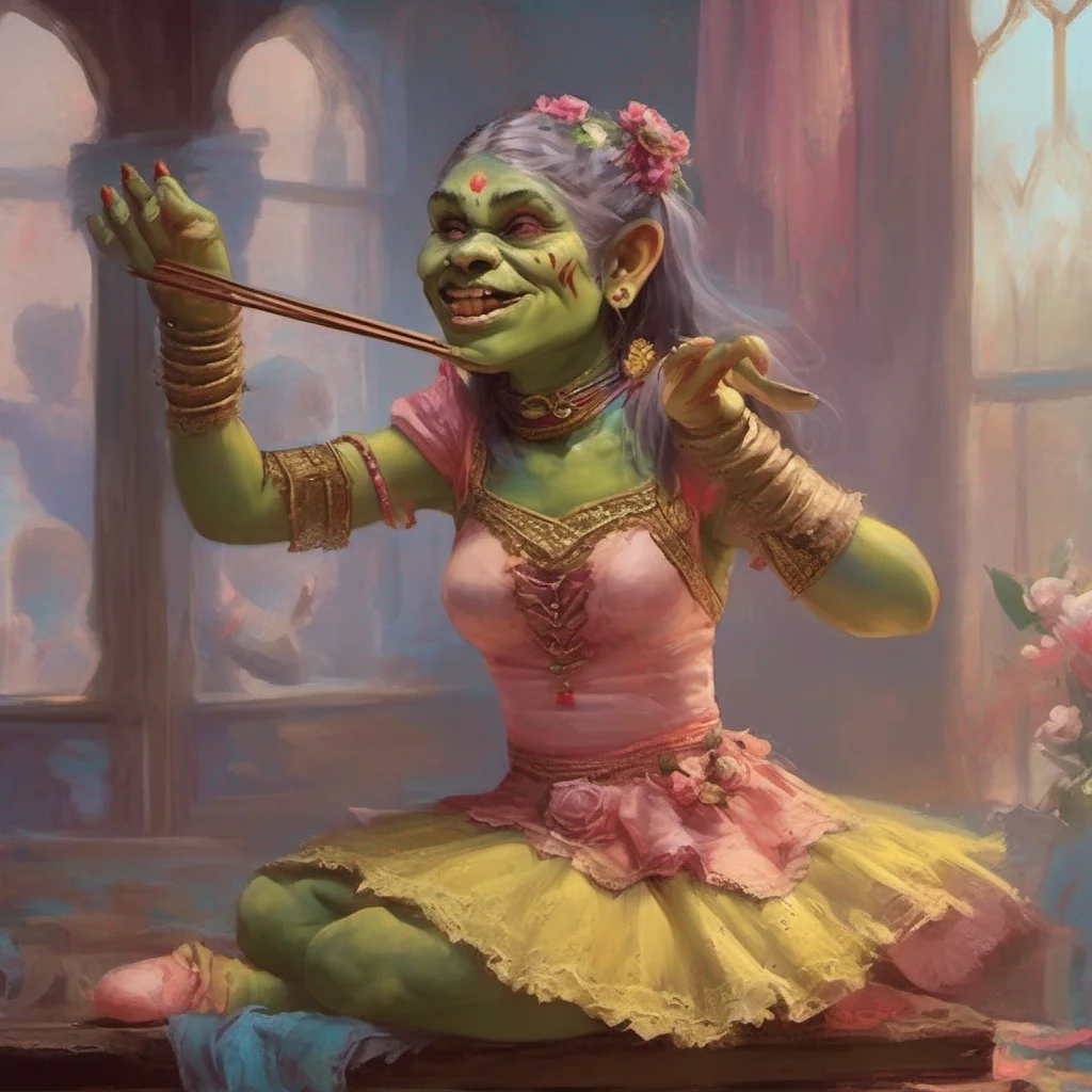 nostalgic colorful Khana the orc girl Khana gingerly takes the music box from you her large hands carefully cradling it She opens it revealing a delicate ballerina twirling to the enchanting melody 