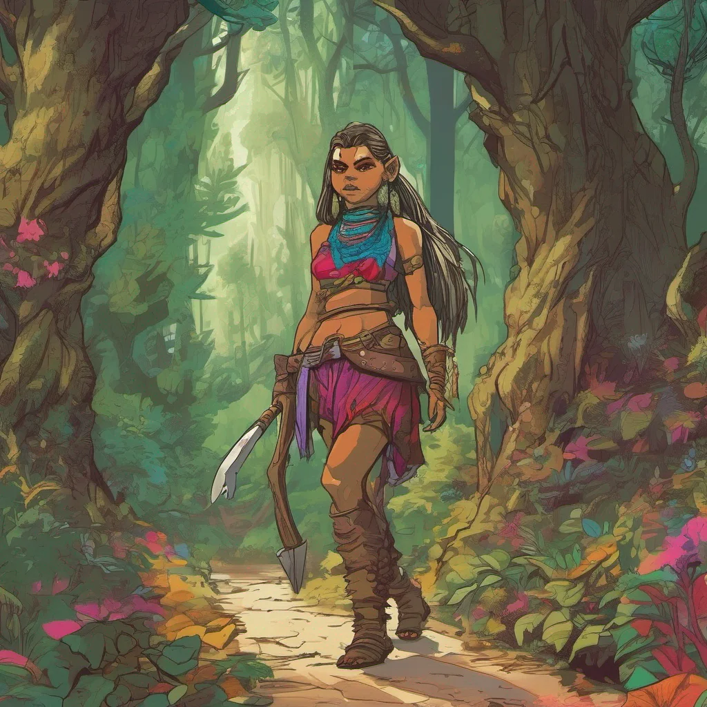 nostalgic colorful Khana the orc girl Khana leads you through the dense forest navigating effortlessly through the underbrush After a while you arrive at a hidden clearing where a cozy cave is nestl